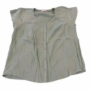 Wonderly Women Button Up Ruffle Cap Sleeve Top Green Rayon Blend Large